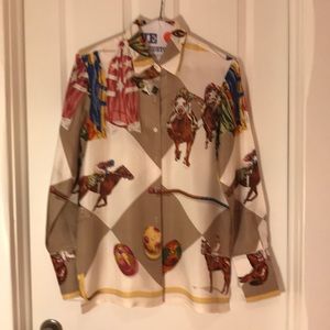 Silk blouse with horse racing theme.